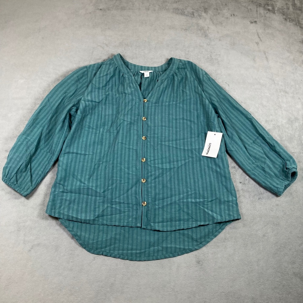 Sonoma Goods For Life Teal Green Dobby Stripe Button Up Blouse Petite Small NWT